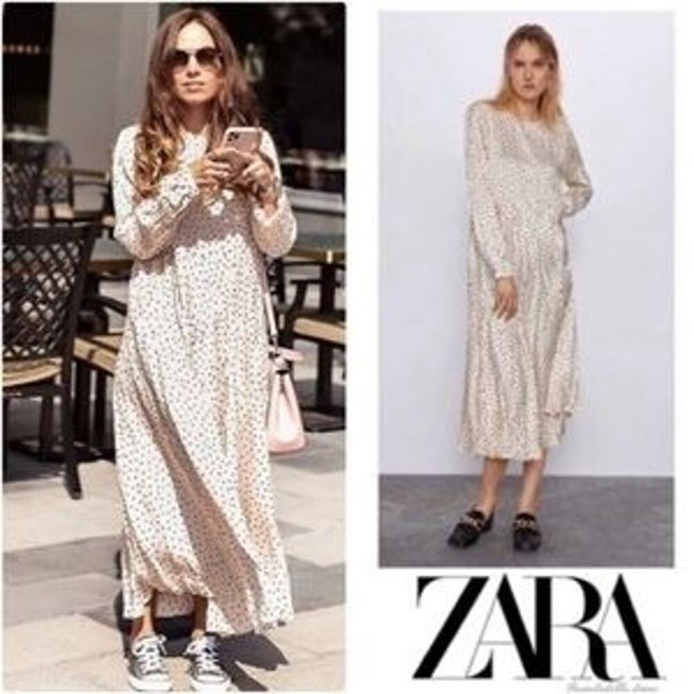 Zara Cream Polka Dot Print Long Sleeve Relaxed Shift Midi Dress Size XS